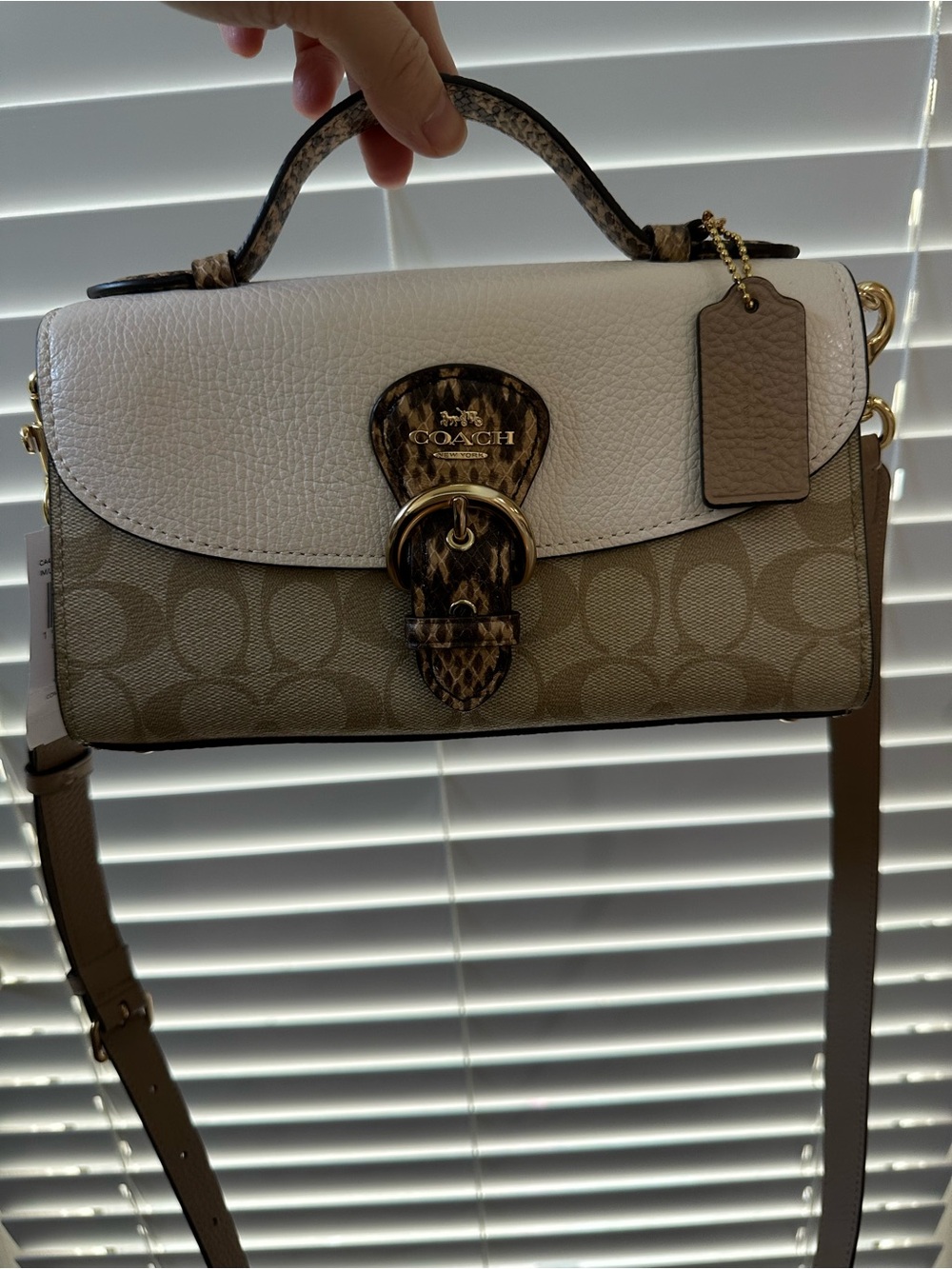 COACH Kleo 24 top handle Signature Convertible Crossbody Satchel in White & Tan